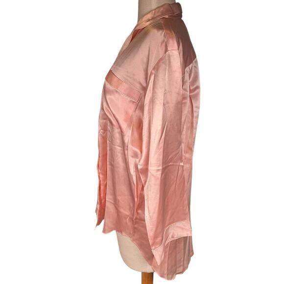 Nordstrom 100% Silk Small Long Back Pajama Top Long Sleeve Baby Pink White Trim - Picture 4 of 13